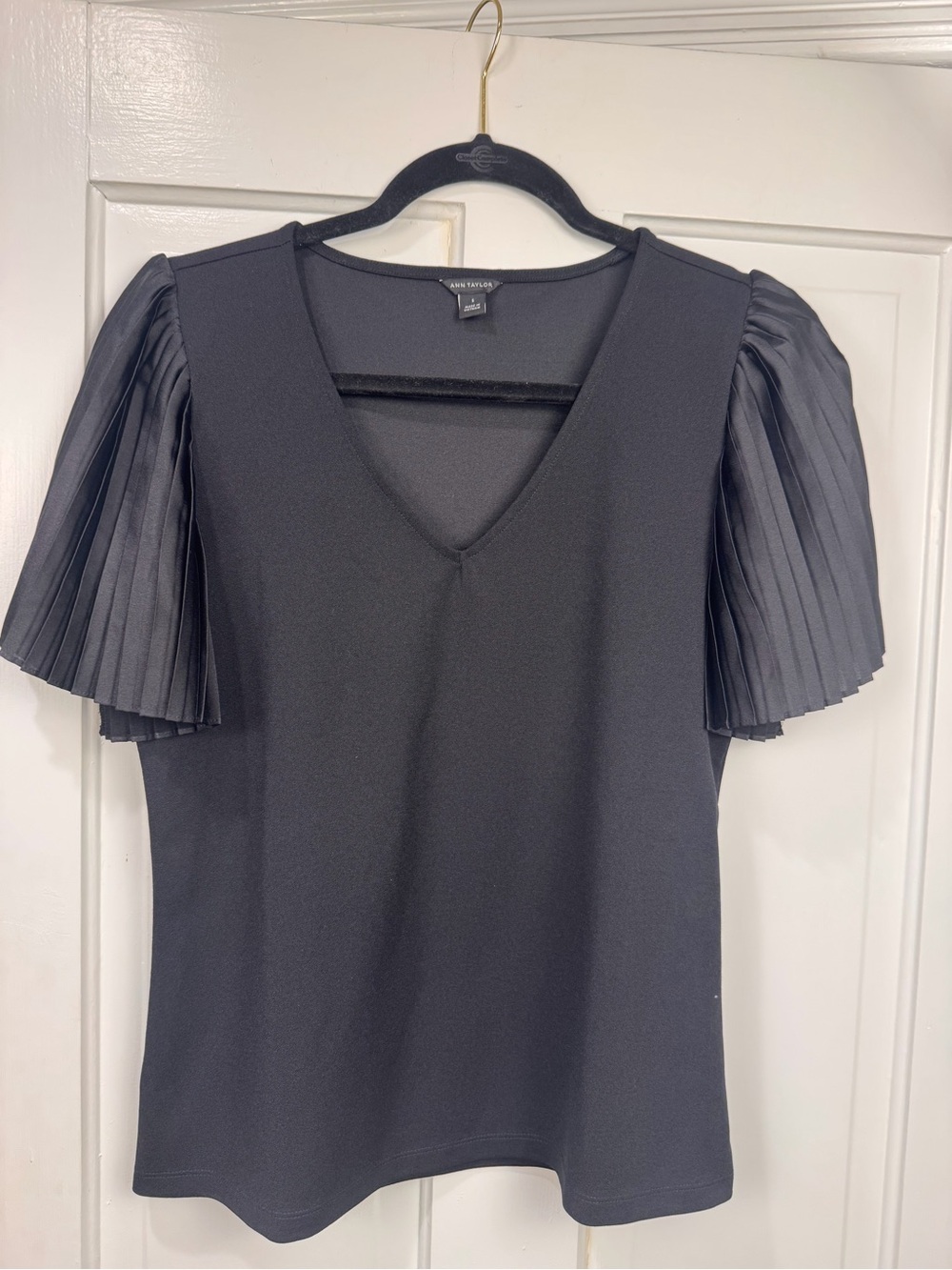 Ann Taylor Black V-Neck Top with Pleated Short Sleeves